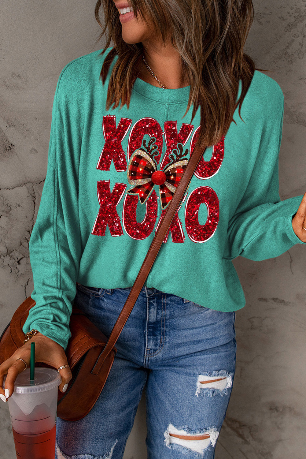 Valentine’s Day XOXO Bow Patchwork Long Sleeve Knit Top