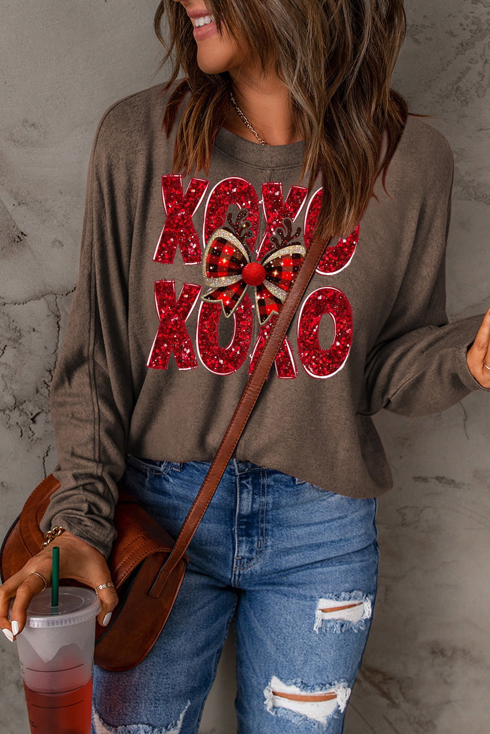 Valentine’s Day XOXO Bow Patchwork Long Sleeve Knit Top