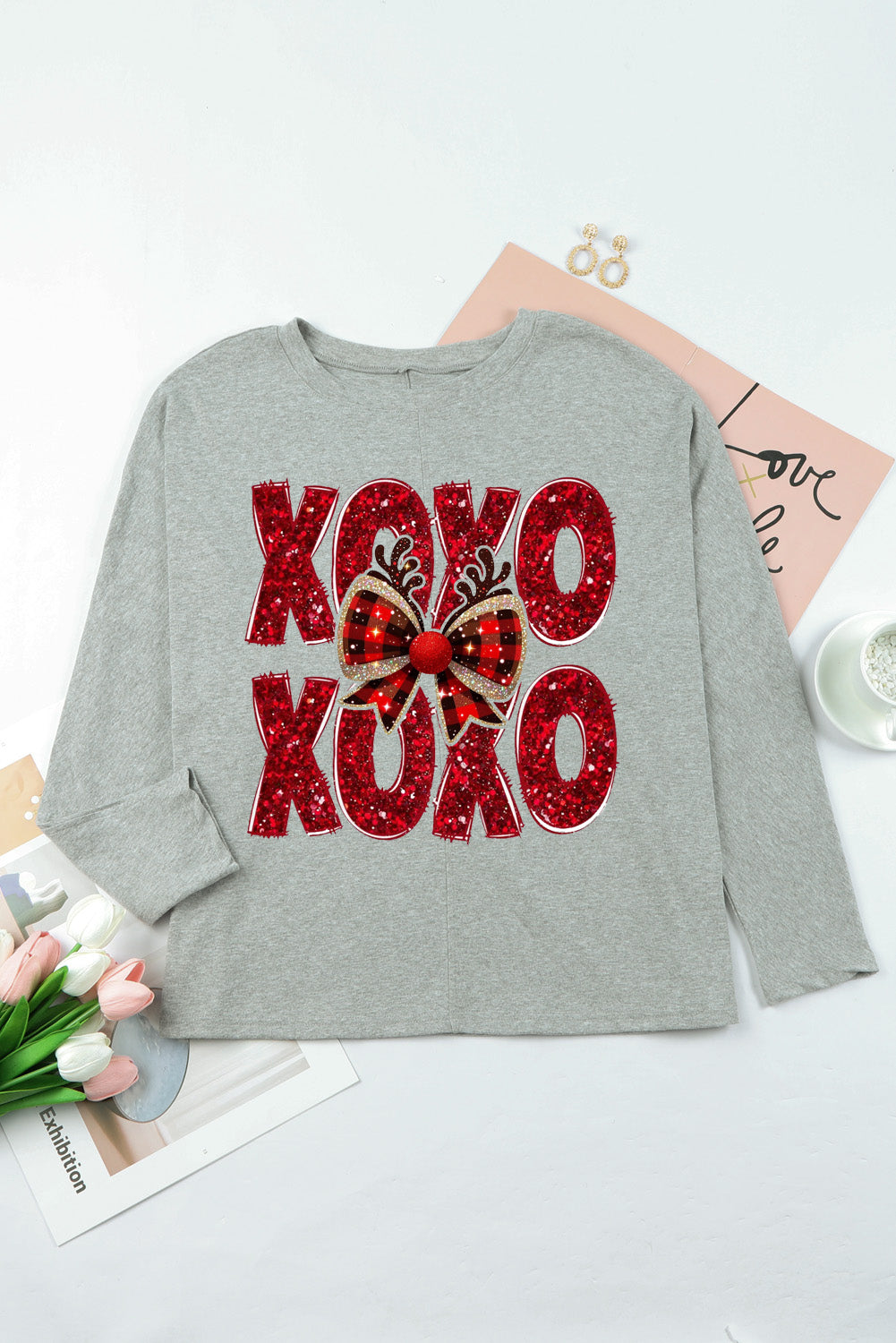 Valentine’s Day XOXO Bow Patchwork Long Sleeve Knit Top