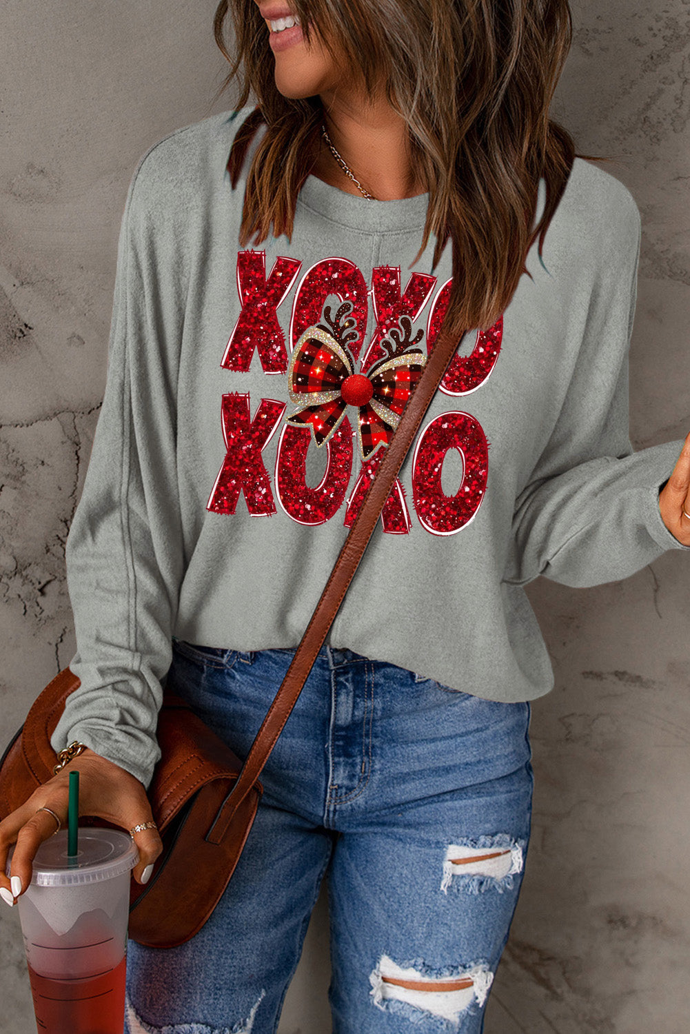 Valentine’s Day XOXO Bow Patchwork Long Sleeve Knit Top