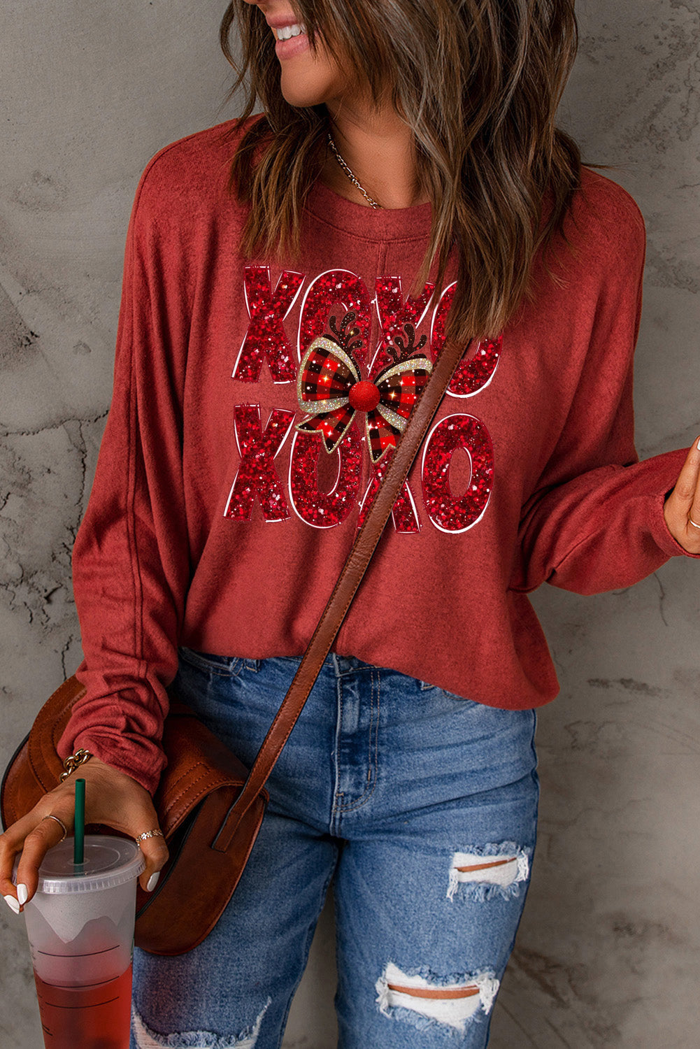 Valentine’s Day XOXO Bow Patchwork Long Sleeve Knit Top