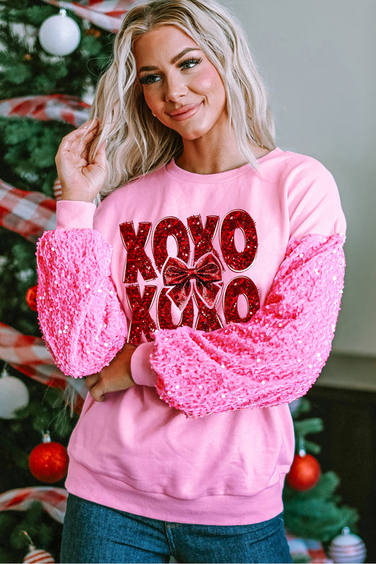 XOXO Bow Patchwork Sleeve Pullover for Valentine's Day