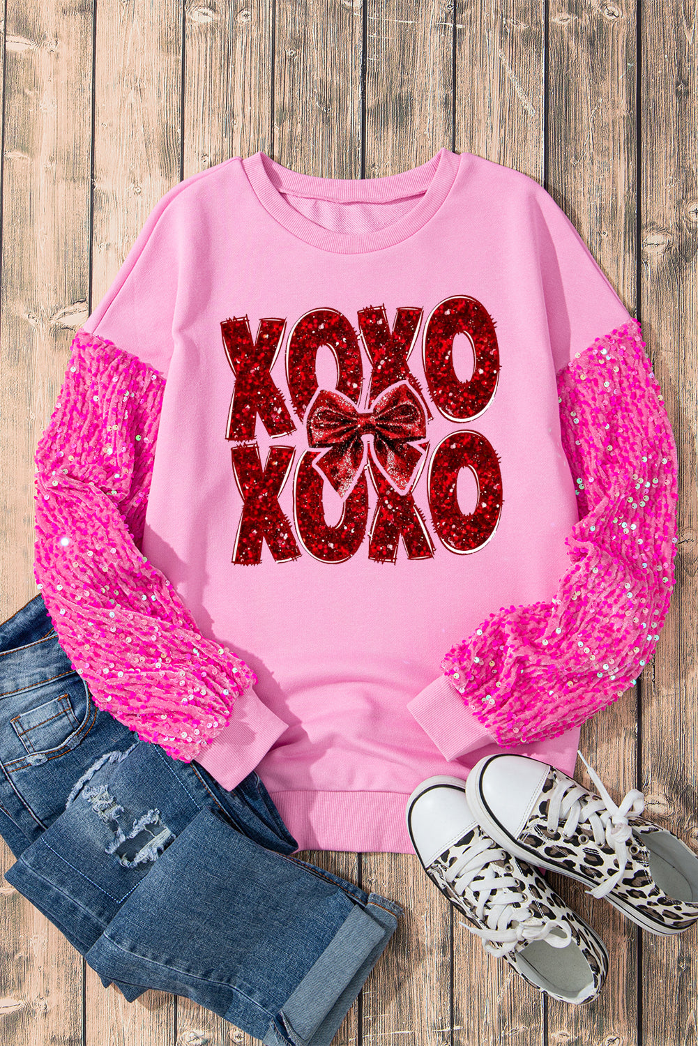 XOXO Bow Patchwork Sleeve Pullover for Valentine's Day