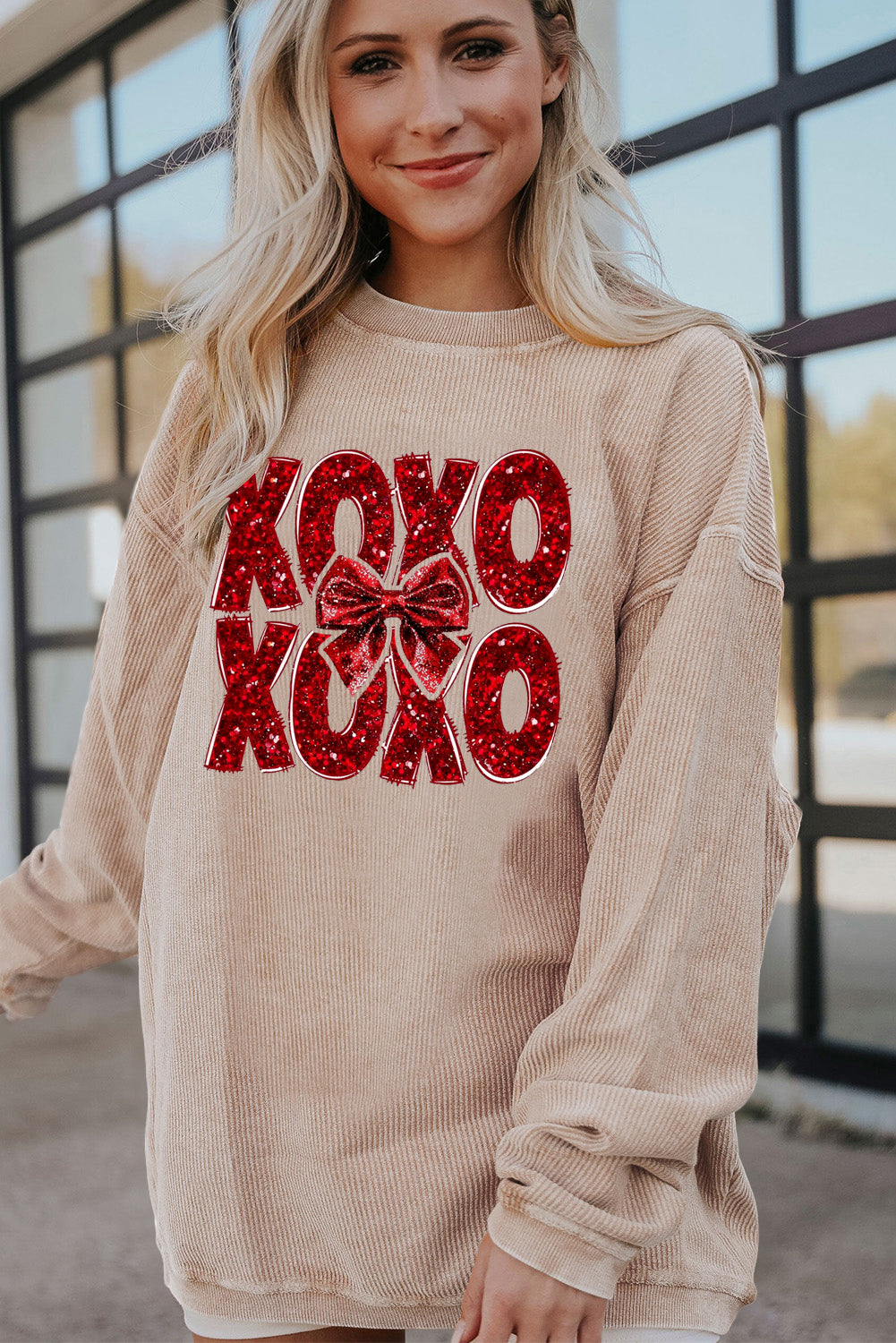 XOXO Bow Patchwork Ribbed Corduroy Oversized Sweatshirt