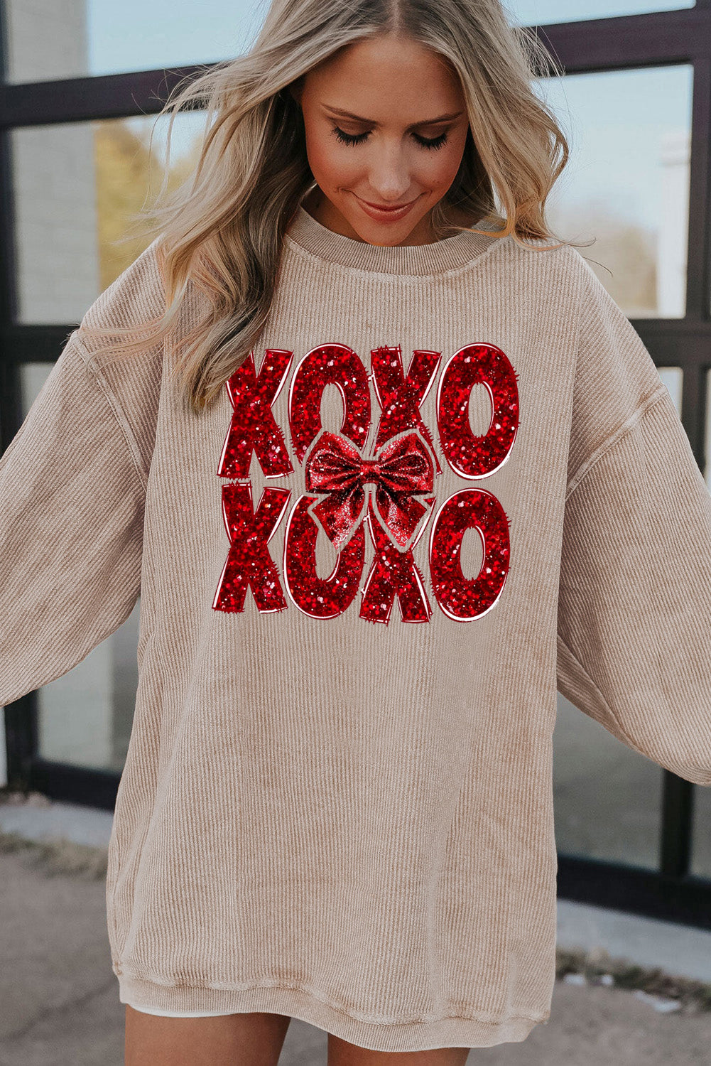 XOXO Bow Patchwork Ribbed Corduroy Oversized Sweatshirt