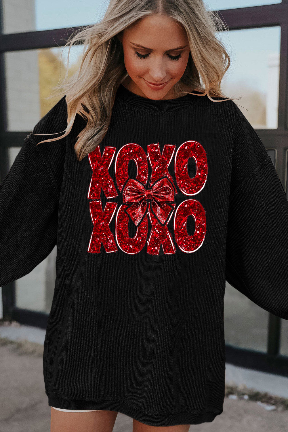 XOXO Bow Patchwork Ribbed Corduroy Oversized Sweatshirt