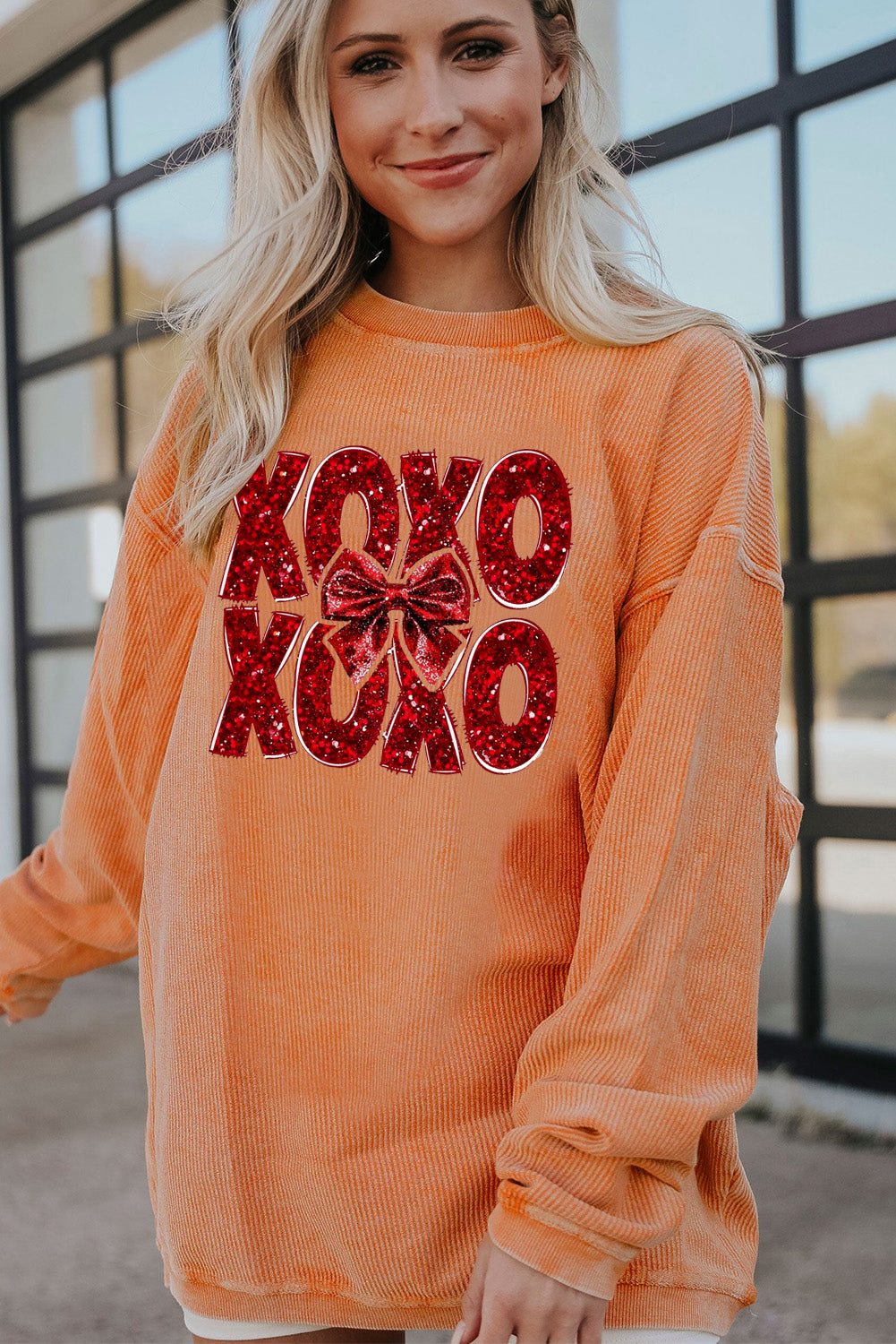 XOXO Bow Patchwork Ribbed Corduroy Oversized Sweatshirt