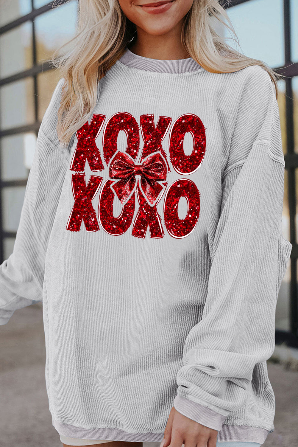 XOXO Bow Patchwork Ribbed Corduroy Oversized Sweatshirt