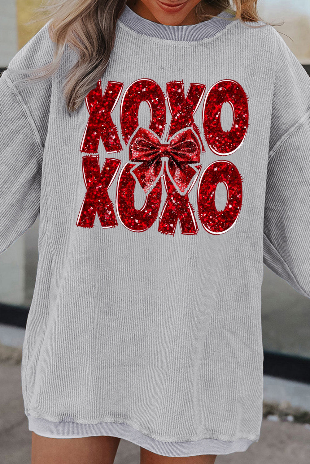 XOXO Bow Patchwork Ribbed Corduroy Oversized Sweatshirt