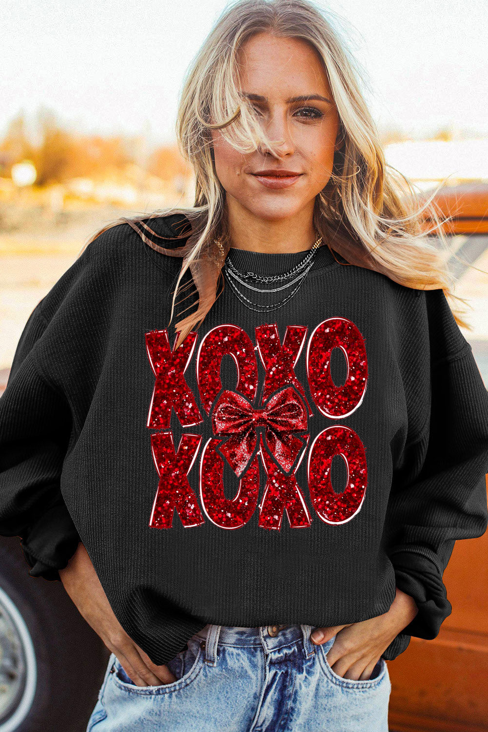 XOXO Bow Patchwork Ribbed Corduroy Oversized Sweatshirt