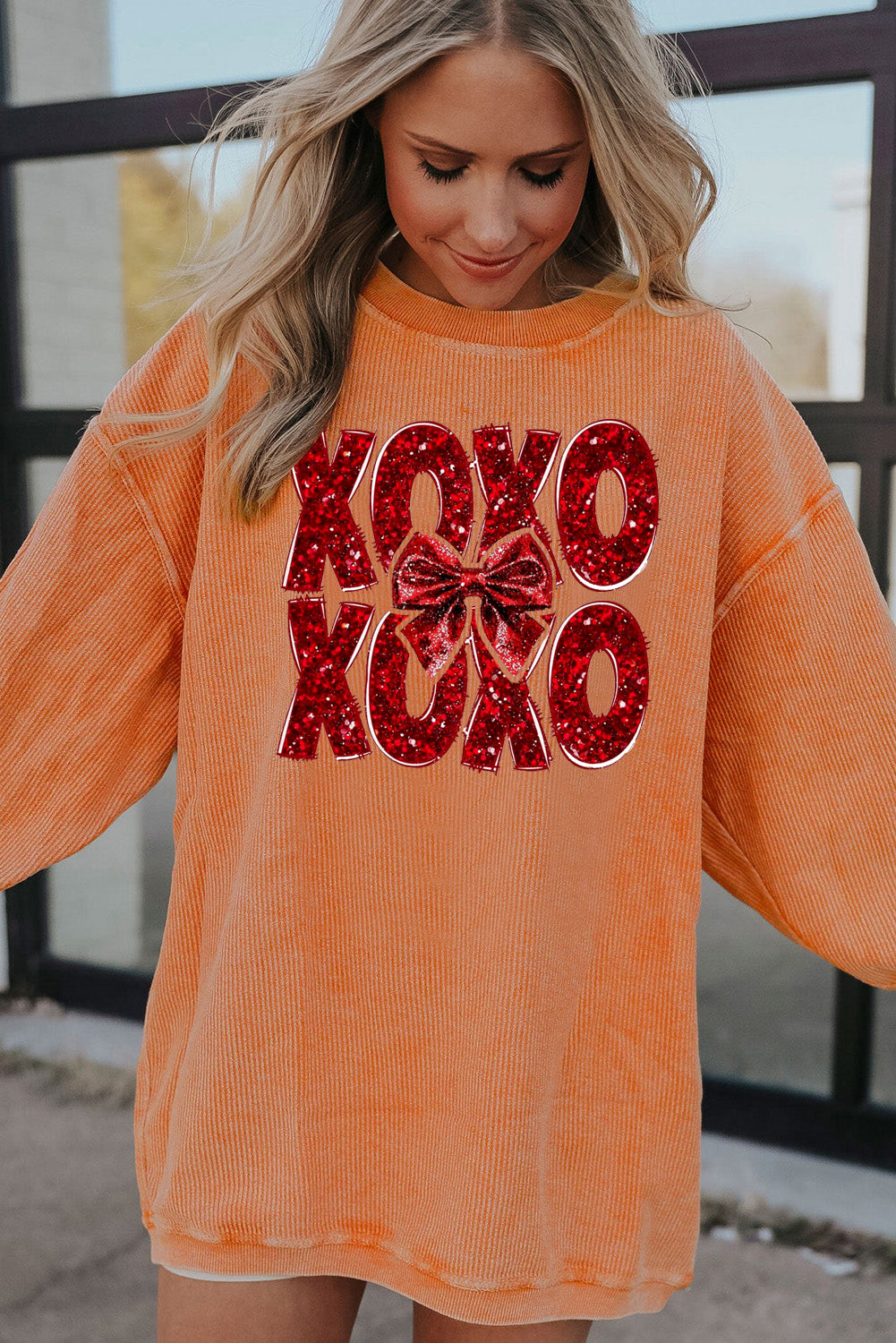 XOXO Bow Patchwork Ribbed Corduroy Oversized Sweatshirt