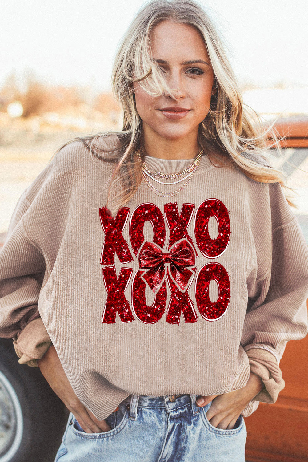 XOXO Bow Patchwork Ribbed Corduroy Oversized Sweatshirt