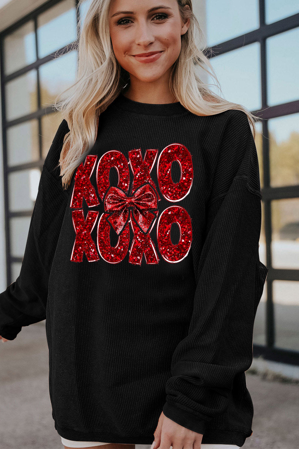 XOXO Bow Patchwork Ribbed Corduroy Oversized Sweatshirt