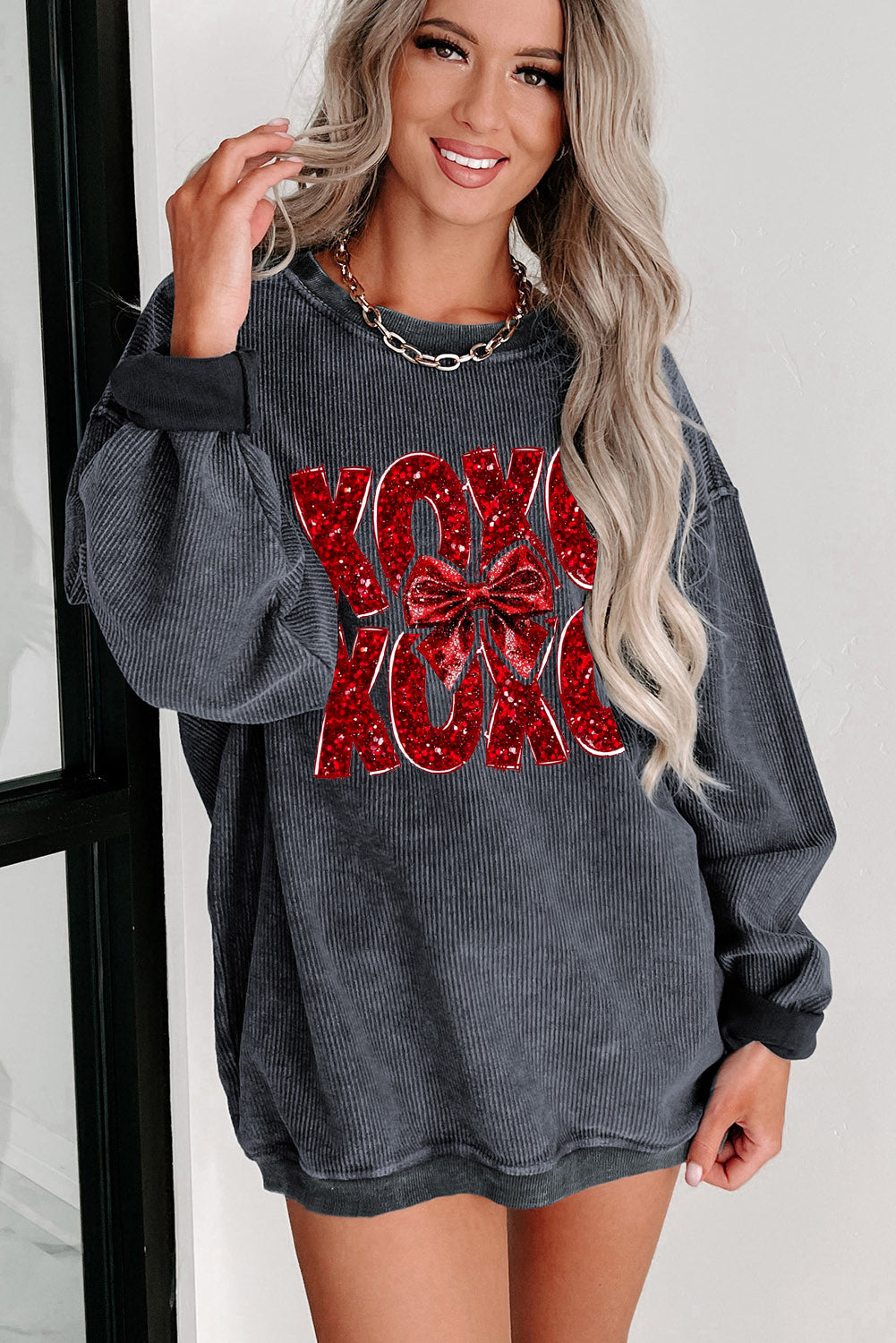 Valentine’s Day XOXO Bow Patchwork Crew Neck Knit Sweatshirt