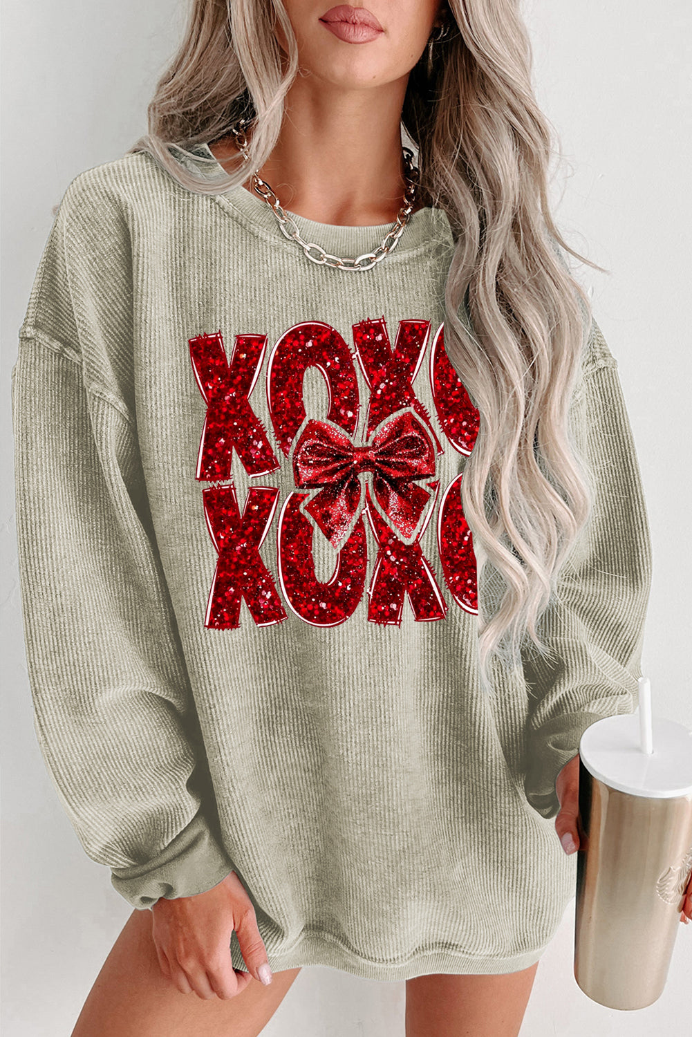 Valentine’s Day XOXO Bow Patchwork Crew Neck Knit Sweatshirt