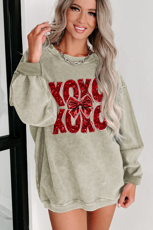 Valentine’s Day XOXO Bow Patchwork Crew Neck Knit Sweatshirt