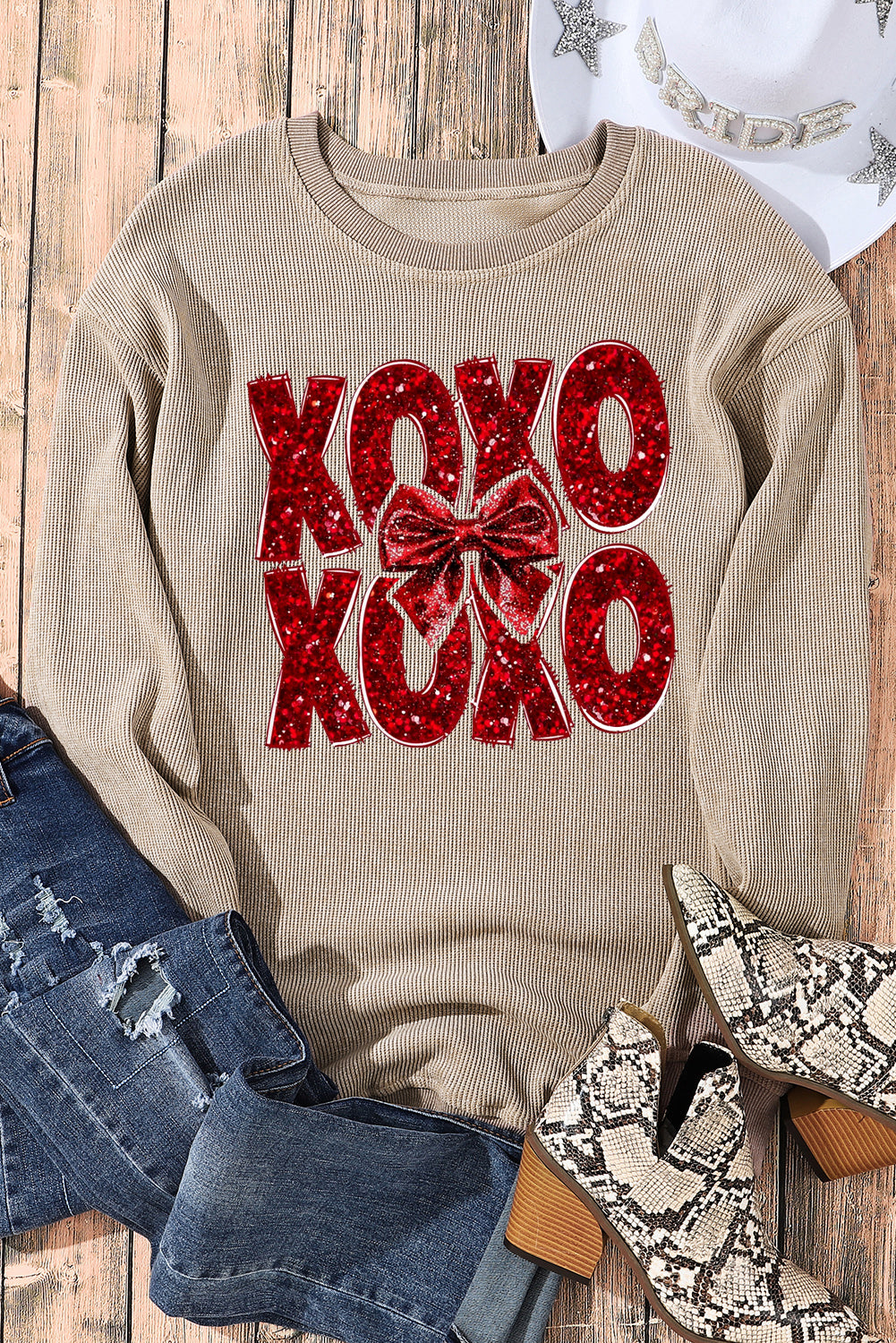 Valentine’s Day XOXO Bow Patchwork Crew Neck Knit Sweatshirt