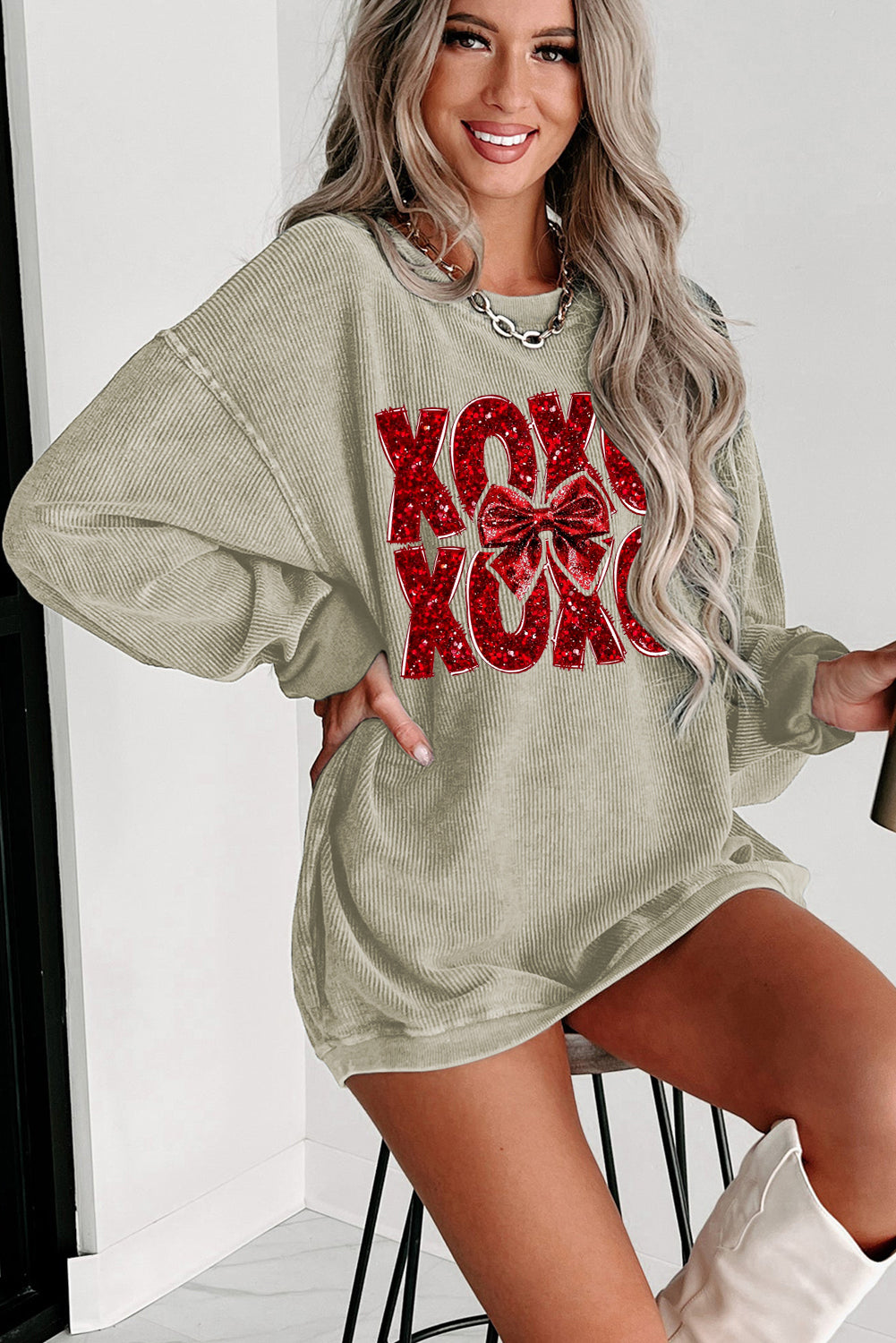 Valentine’s Day XOXO Bow Patchwork Crew Neck Knit Sweatshirt