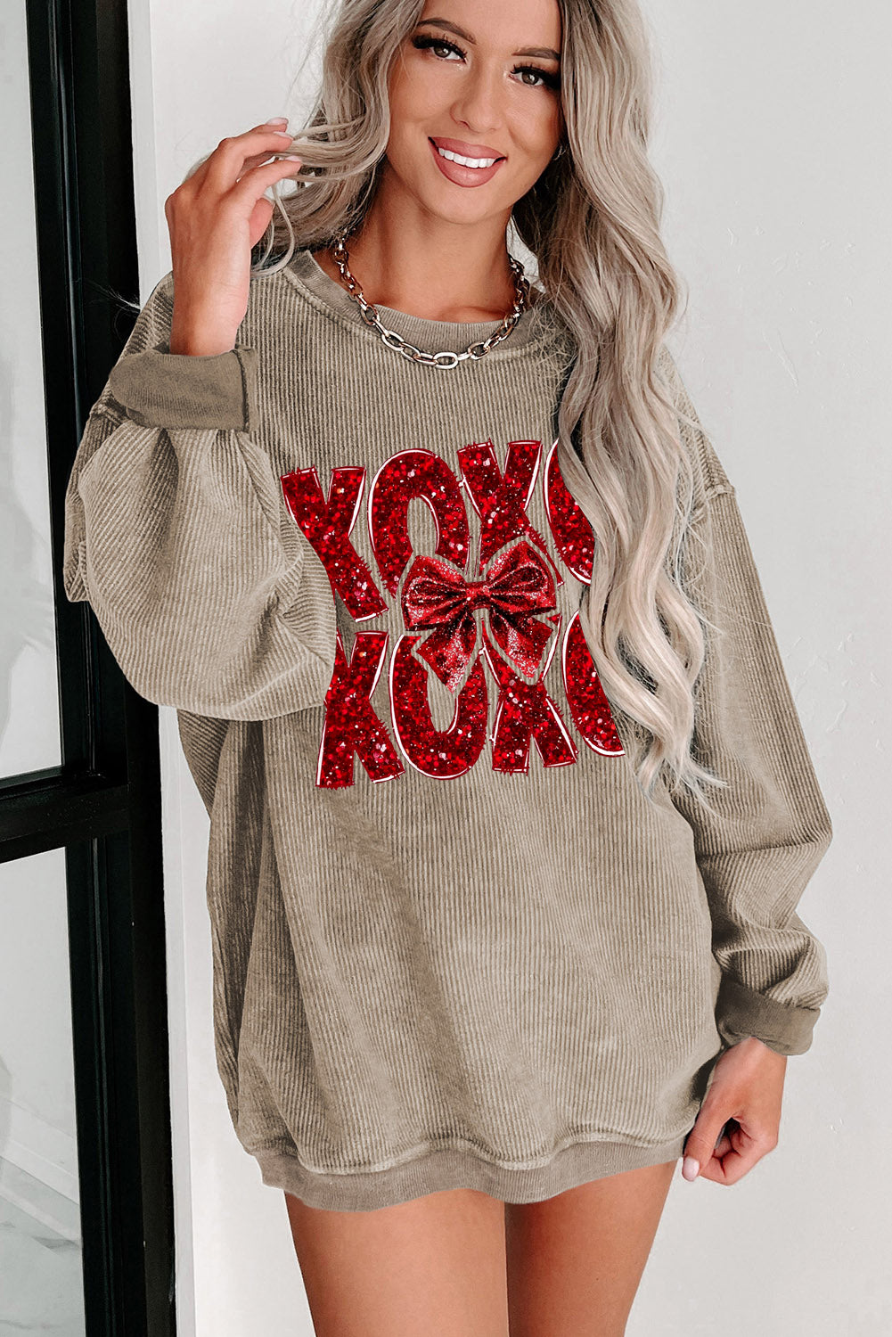 Valentine’s Day XOXO Bow Patchwork Crew Neck Knit Sweatshirt