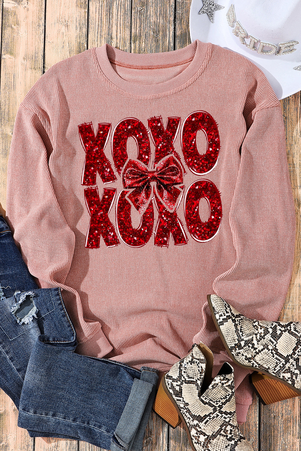 Valentine’s Day XOXO Bow Patchwork Crew Neck Knit Sweatshirt