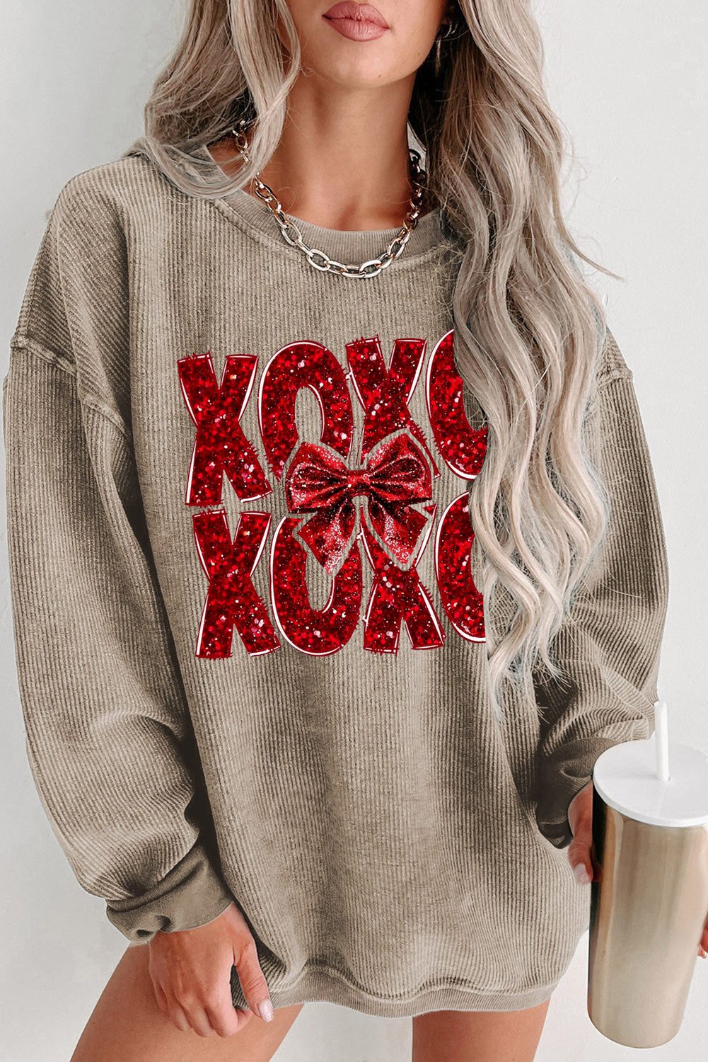 Valentine’s Day XOXO Bow Patchwork Crew Neck Knit Sweatshirt