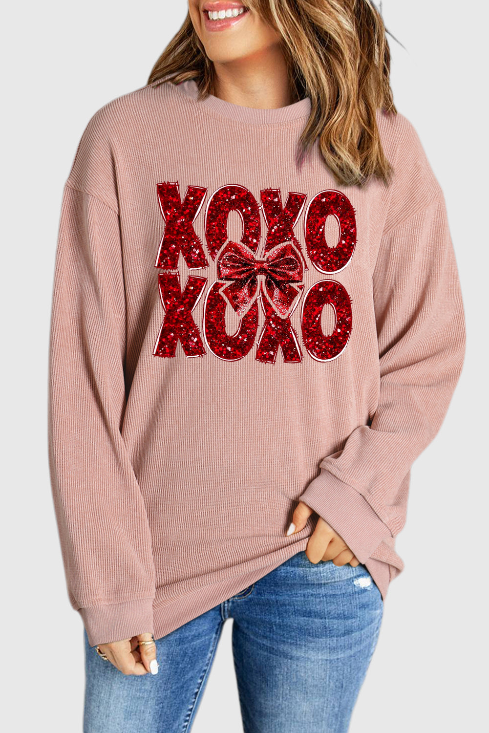 Valentine’s Day XOXO Bow Patchwork Crew Neck Knit Sweatshirt