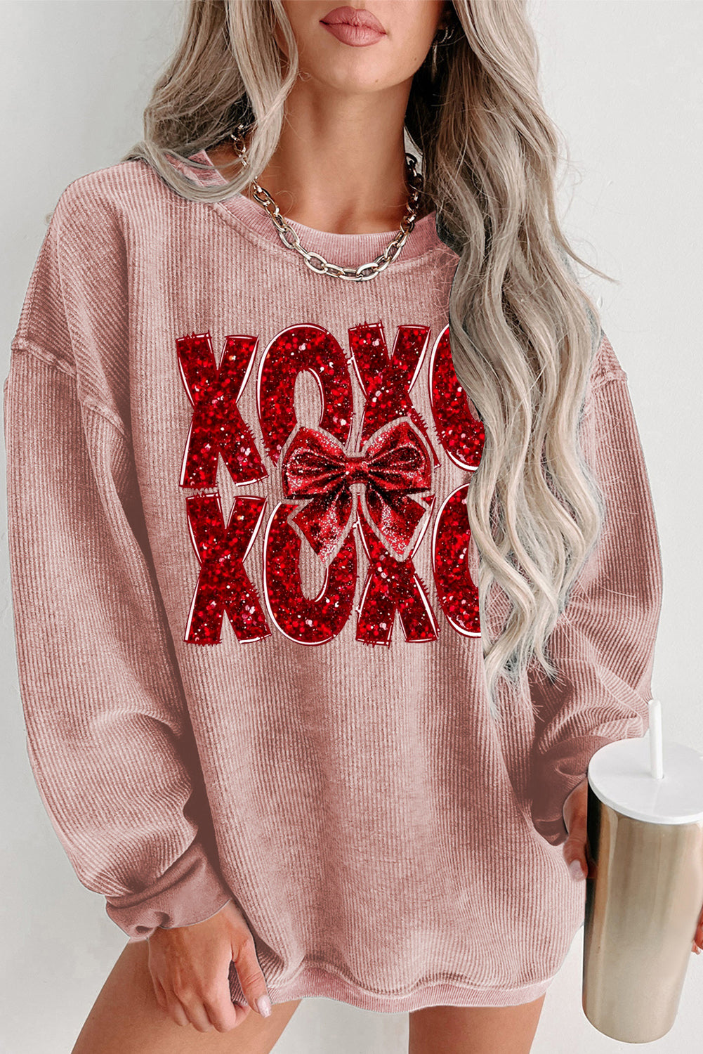 Valentine’s Day XOXO Bow Patchwork Crew Neck Knit Sweatshirt