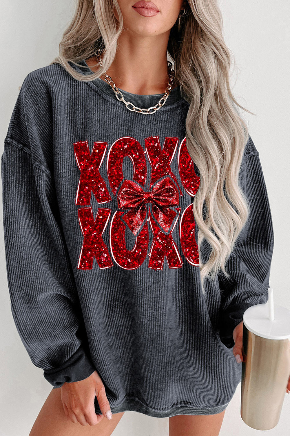 Valentine’s Day XOXO Bow Patchwork Crew Neck Knit Sweatshirt