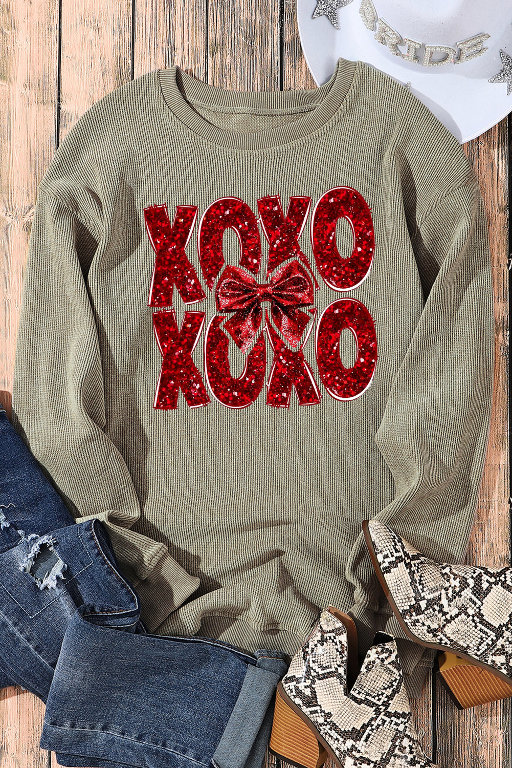 Valentine’s Day XOXO Bow Patchwork Crew Neck Knit Sweatshirt