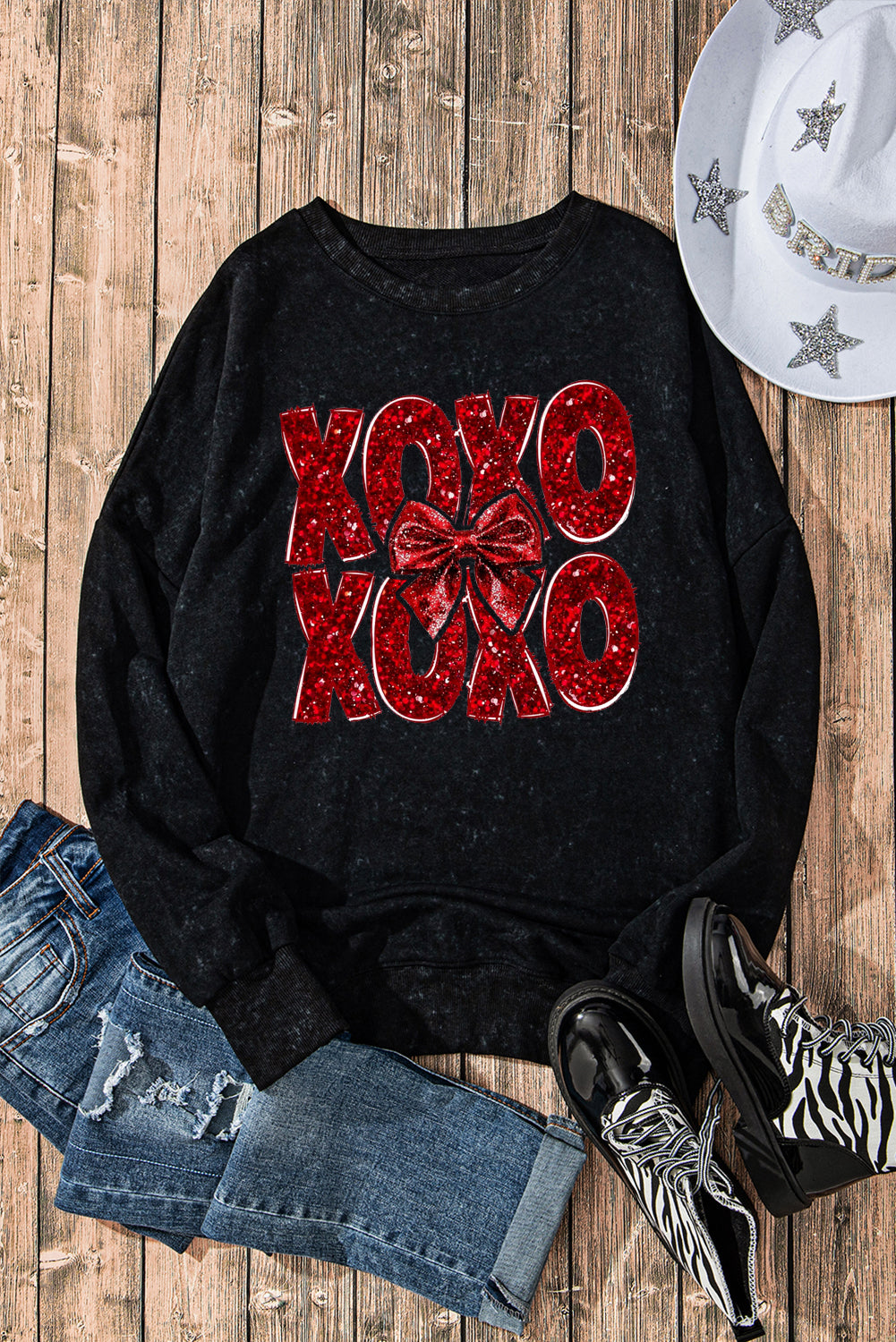 XOXO Bow Patchwork Oversized Drop Shoulder Ribbed Sweatshirt