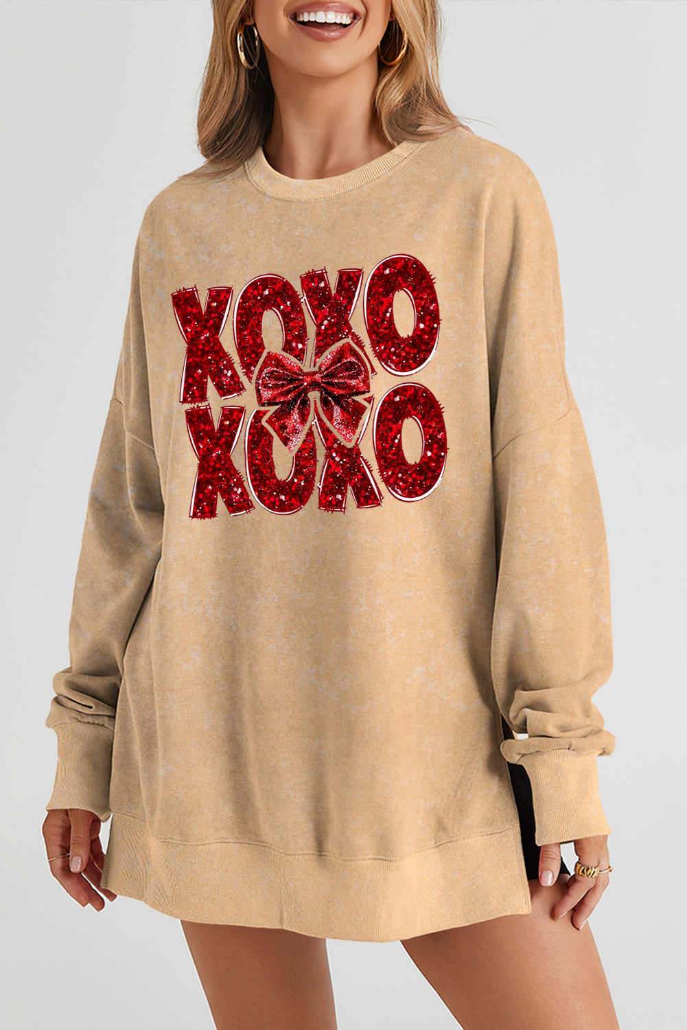 XOXO Bow Patchwork Oversized Drop Shoulder Ribbed Sweatshirt