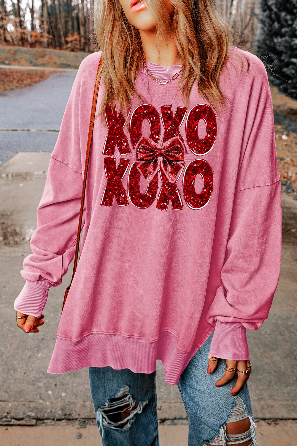 XOXO Bow Patchwork Oversized Drop Shoulder Ribbed Sweatshirt