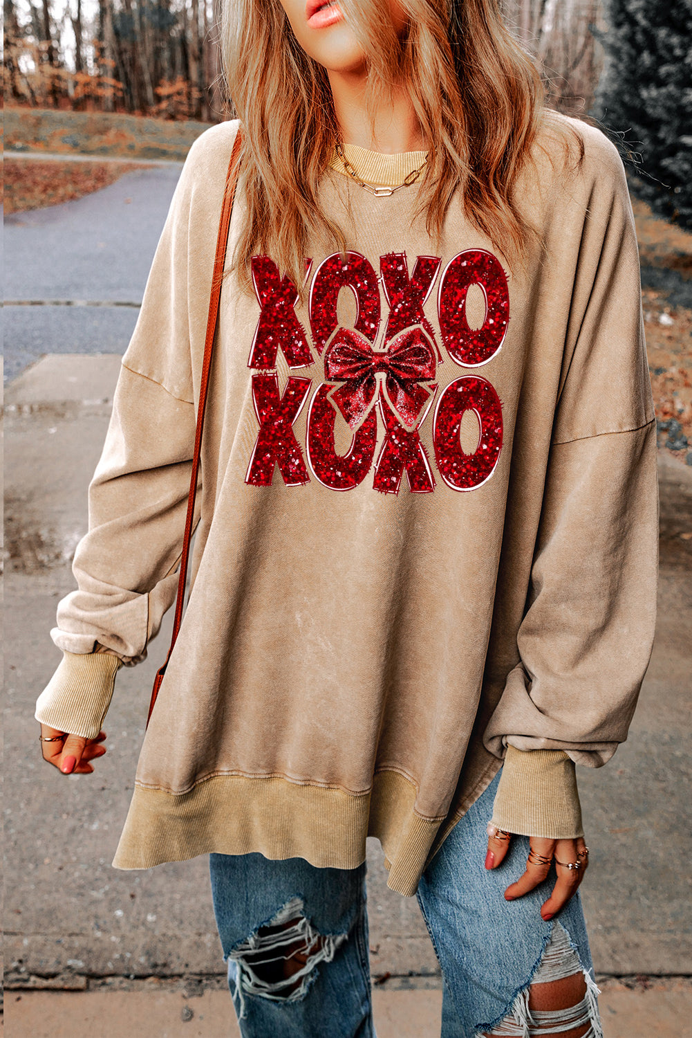 XOXO Bow Patchwork Oversized Drop Shoulder Ribbed Sweatshirt