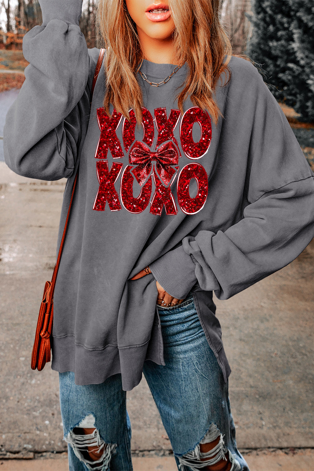 XOXO Bow Patchwork Oversized Drop Shoulder Ribbed Sweatshirt