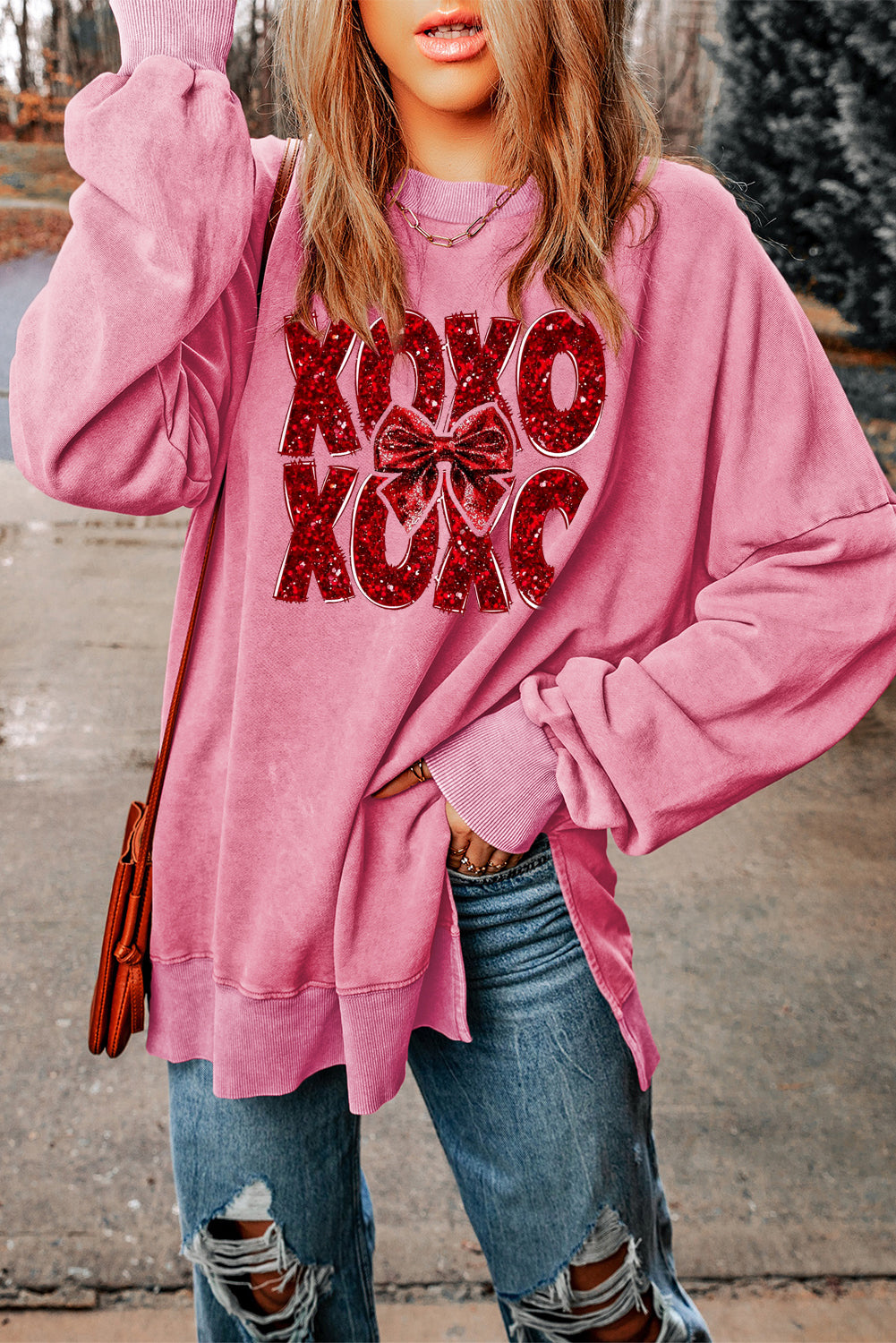 XOXO Bow Patchwork Oversized Drop Shoulder Ribbed Sweatshirt