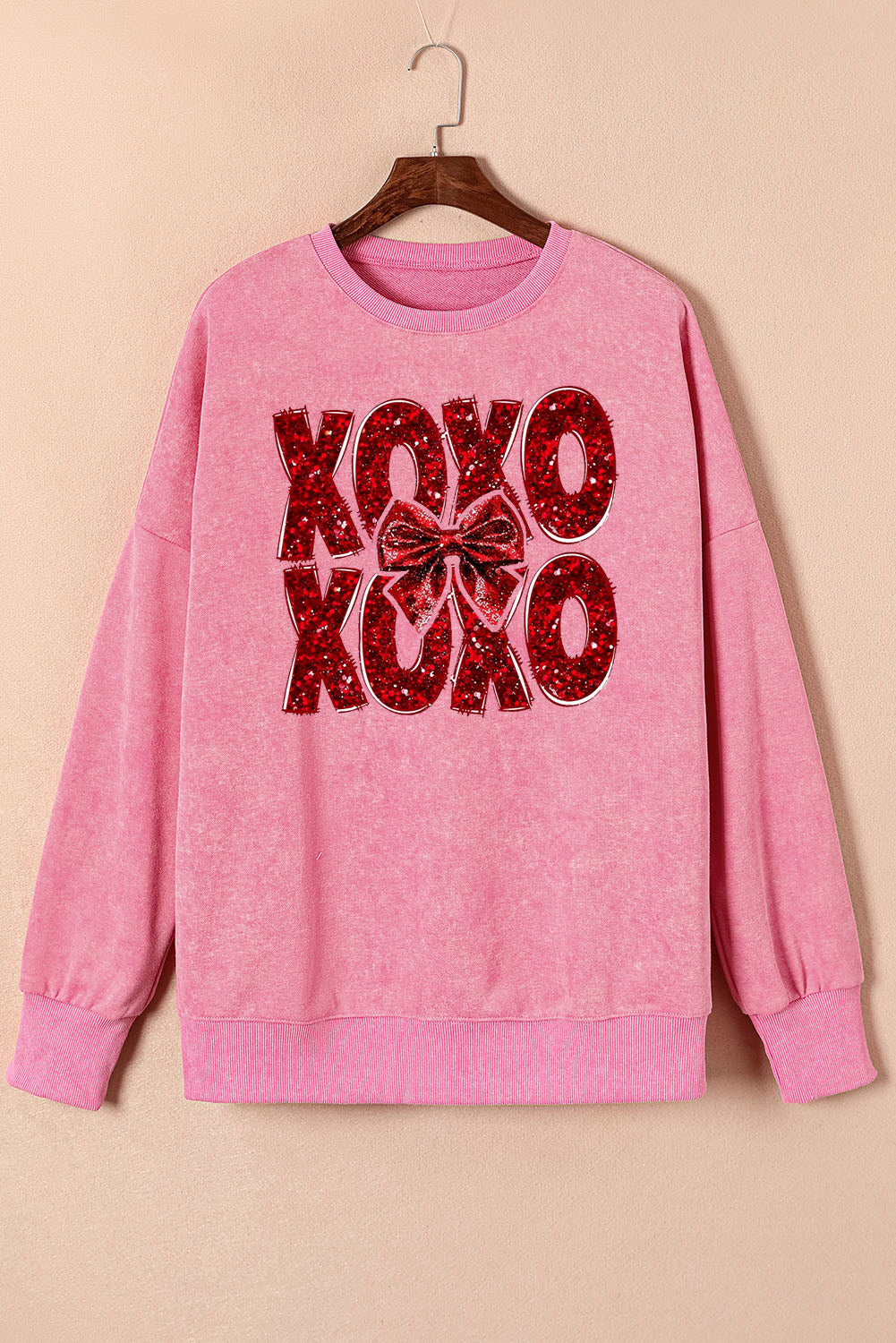 XOXO Bow Patchwork Oversized Drop Shoulder Ribbed Sweatshirt