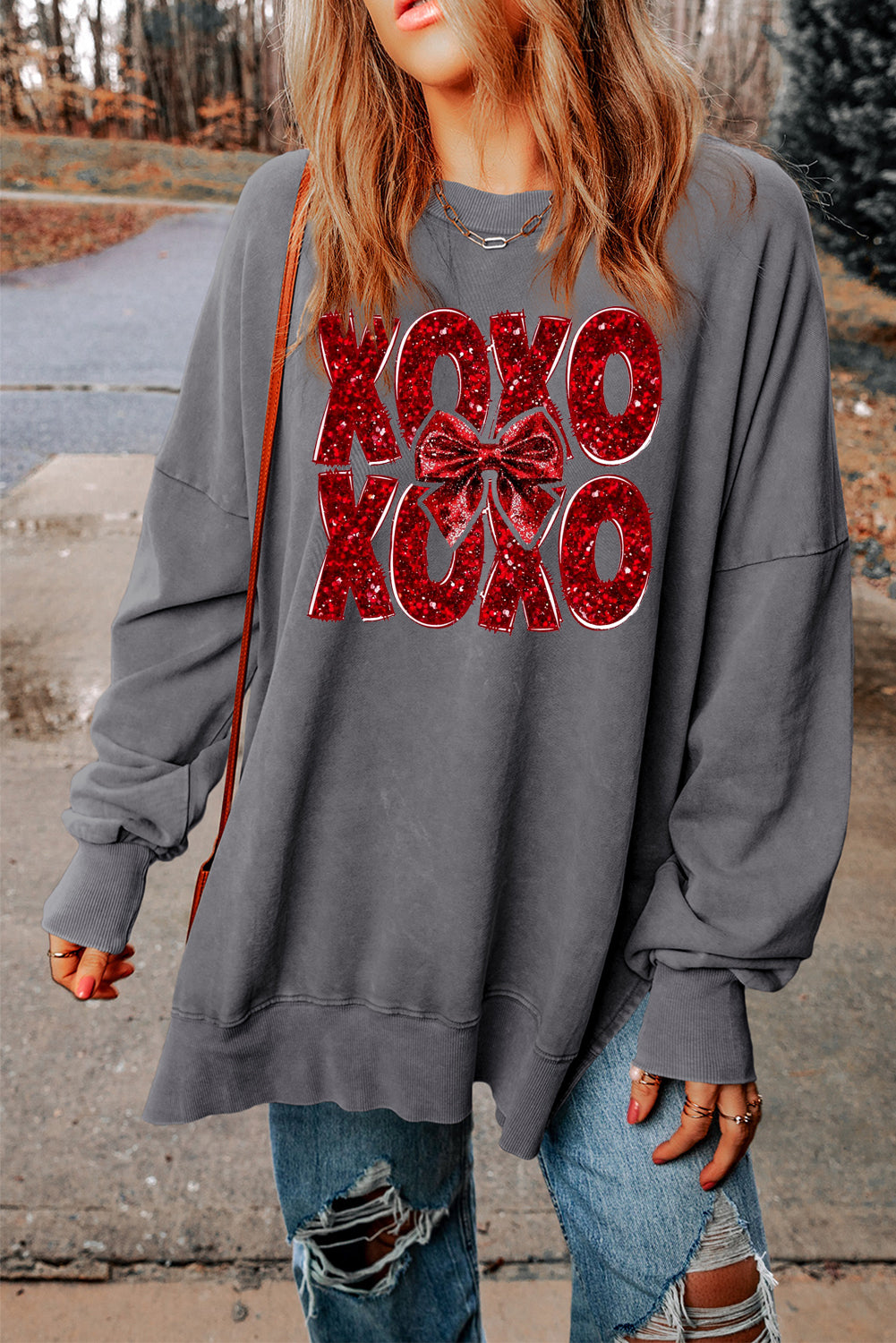 XOXO Bow Patchwork Oversized Drop Shoulder Ribbed Sweatshirt