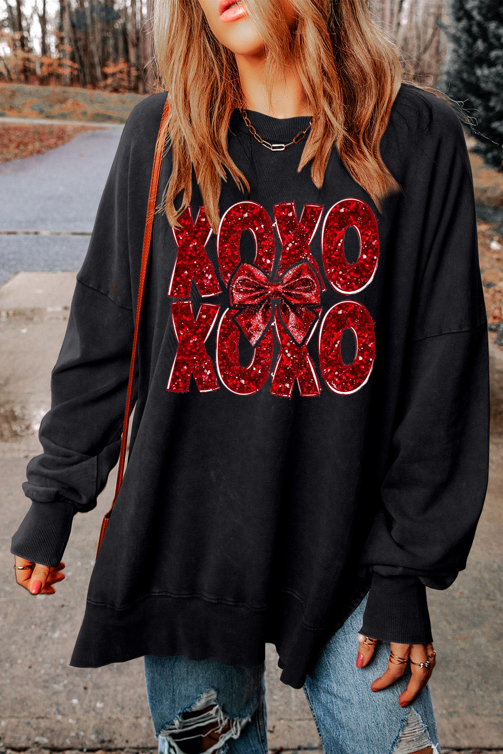 XOXO Bow Patchwork Oversized Drop Shoulder Ribbed Sweatshirt