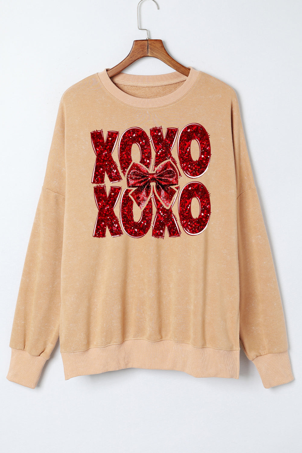 XOXO Bow Patchwork Oversized Drop Shoulder Ribbed Sweatshirt