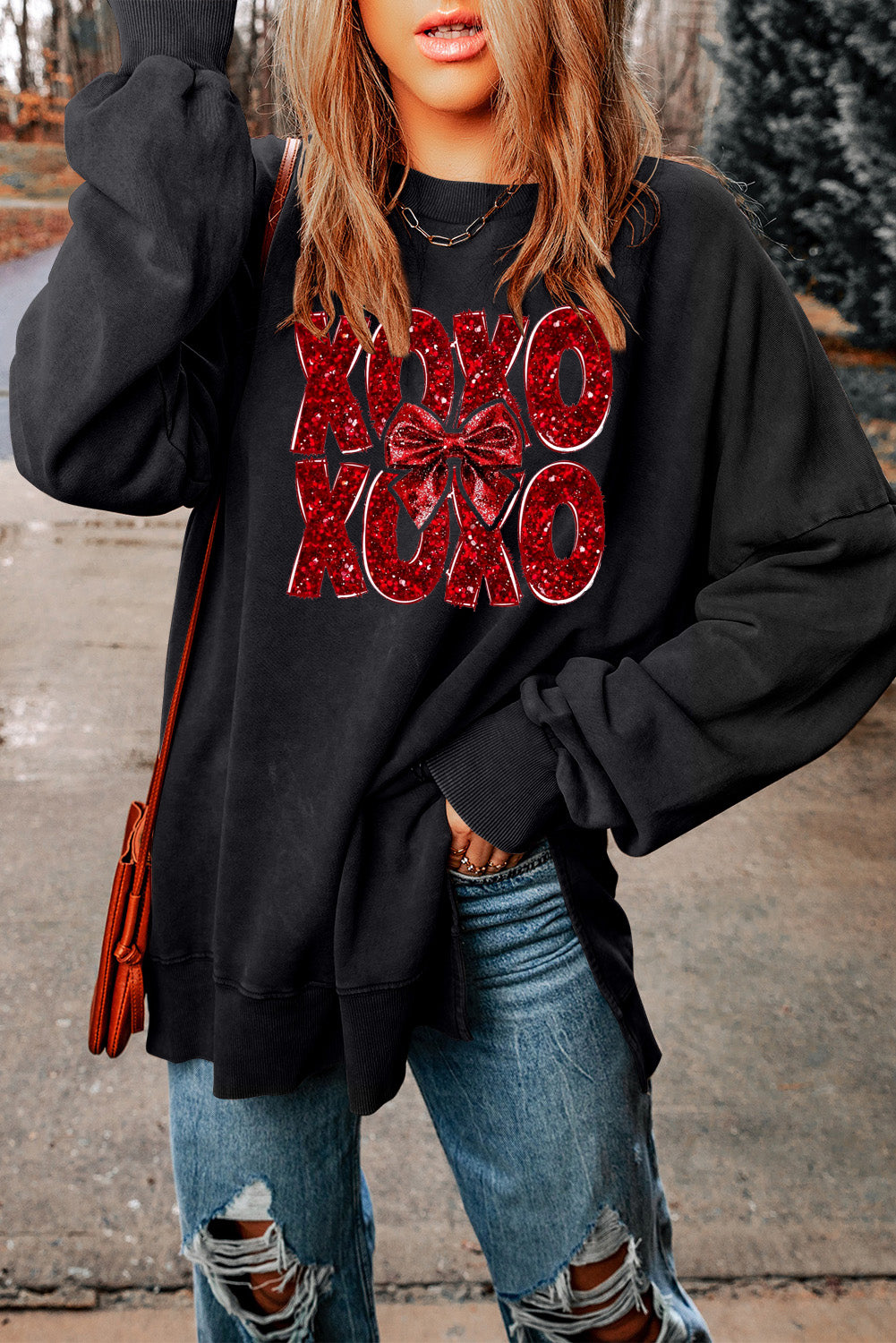 XOXO Bow Patchwork Oversized Drop Shoulder Ribbed Sweatshirt