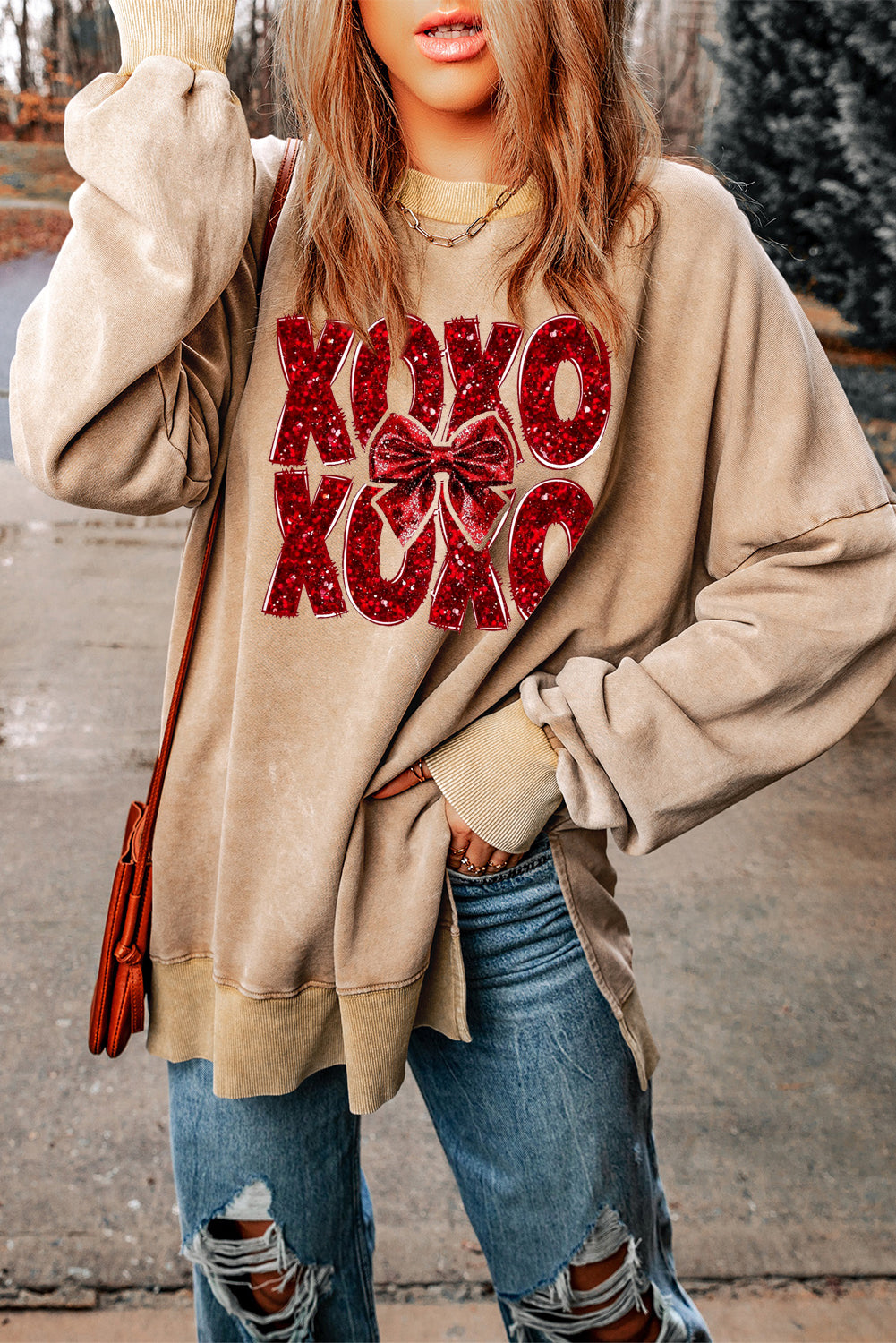 XOXO Bow Patchwork Oversized Drop Shoulder Ribbed Sweatshirt