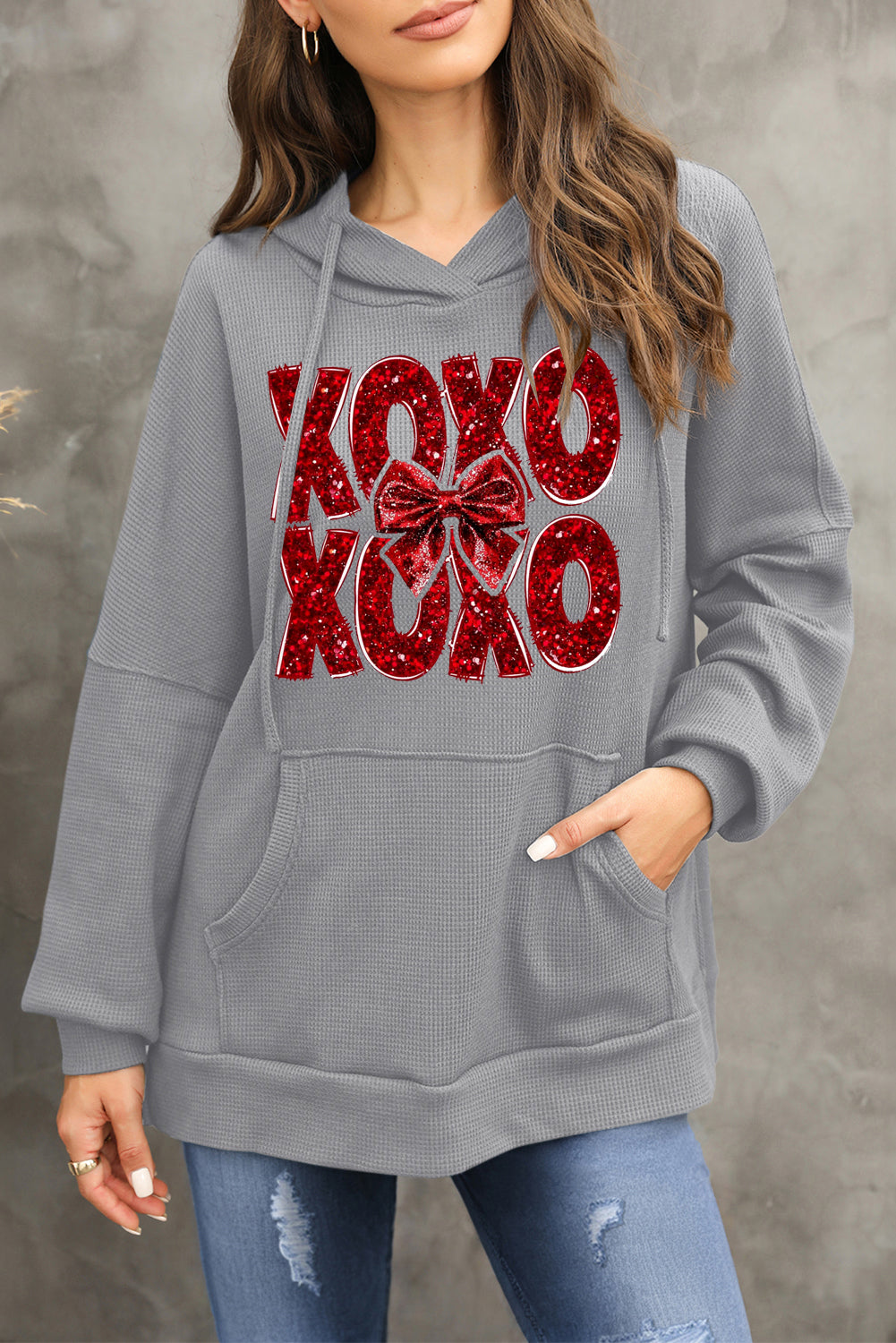 Valentine's Day XOXO Bow Patchwork Pullover Hoodie