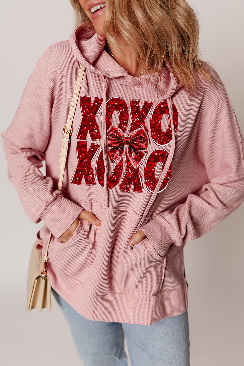 Valentine's Day XOXO Bow Patchwork Pullover Hoodie