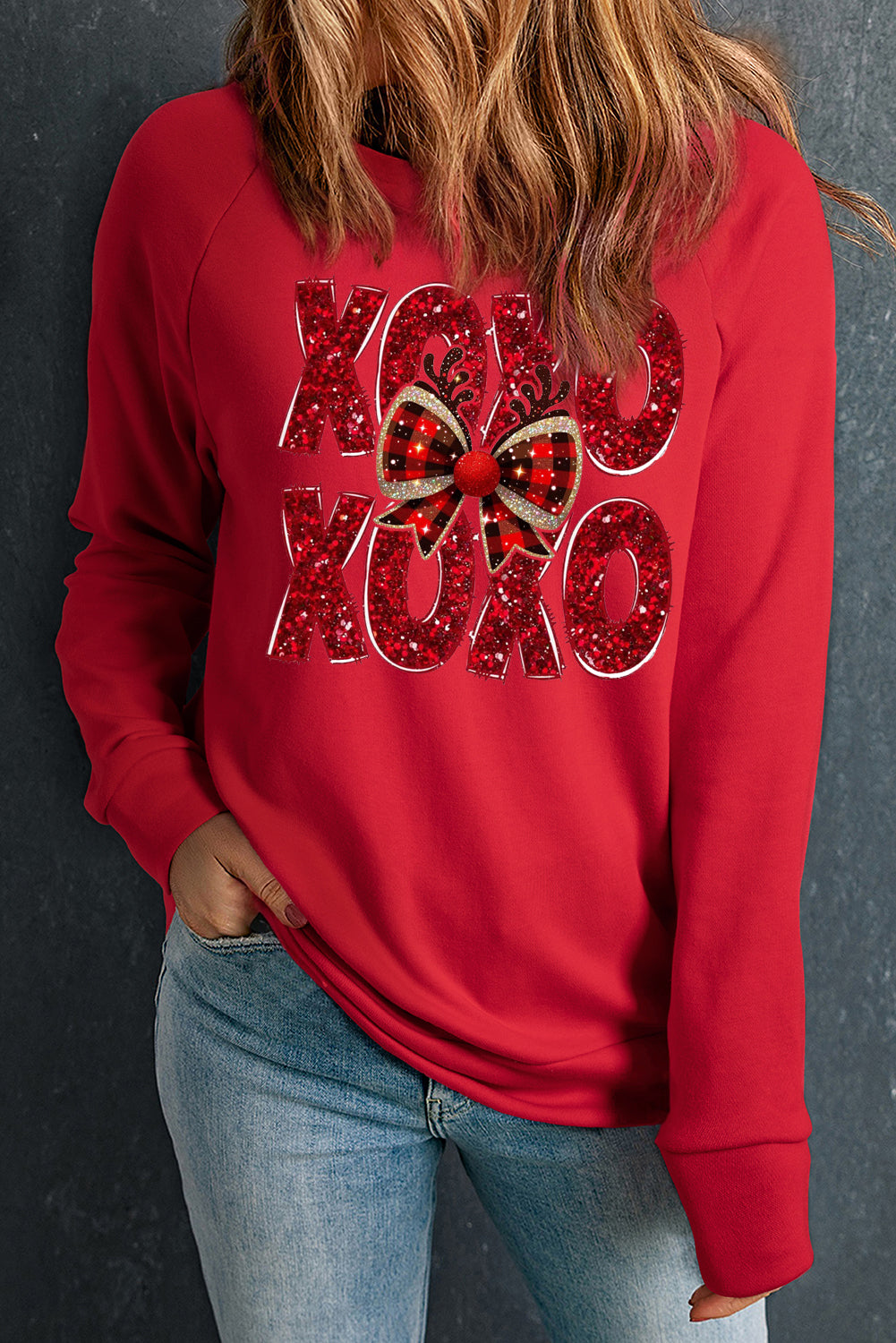 Valentine's Day XOXO Bow Patchwork Crew Neck Sweatshirt