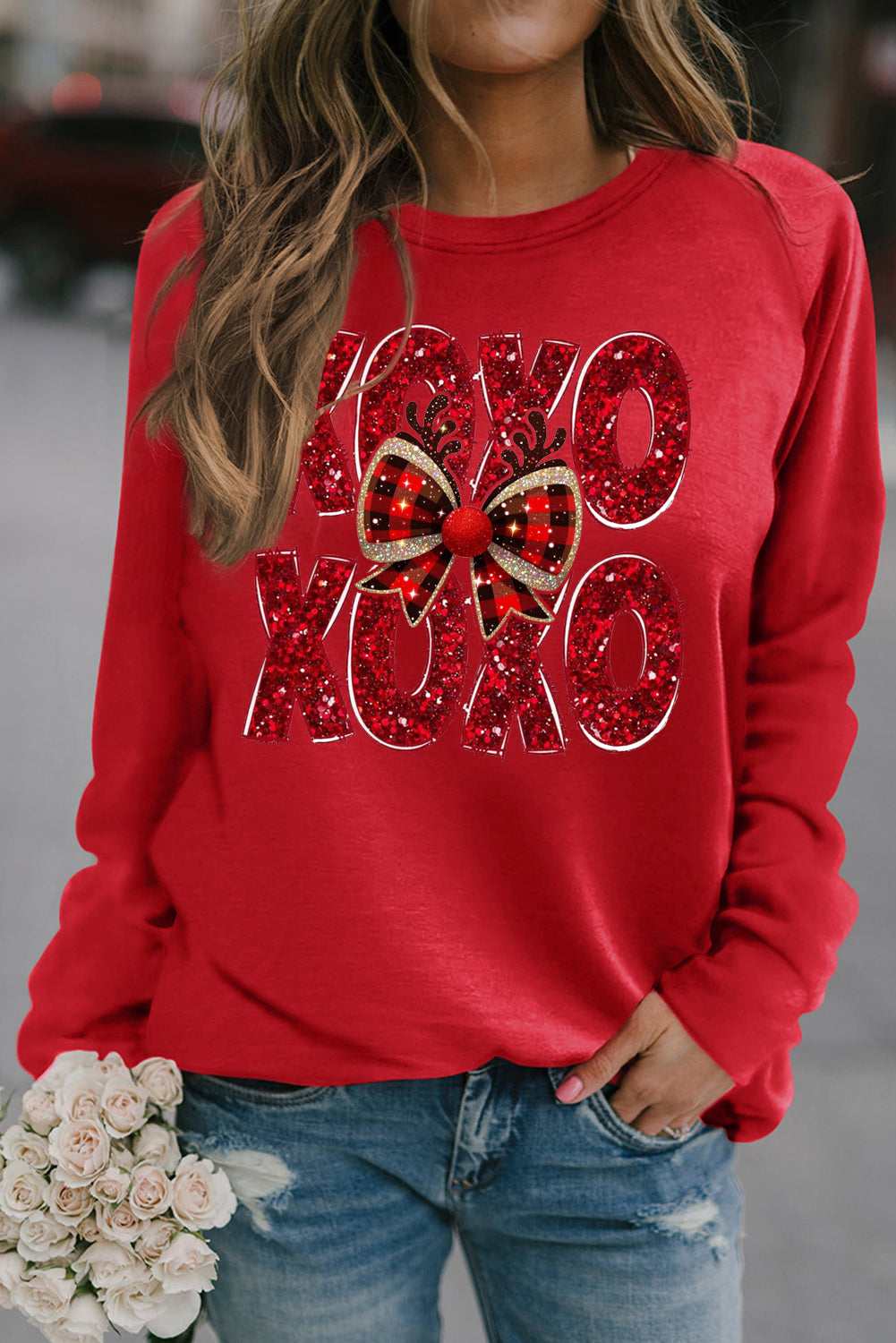 Valentine's Day XOXO Bow Patchwork Crew Neck Sweatshirt