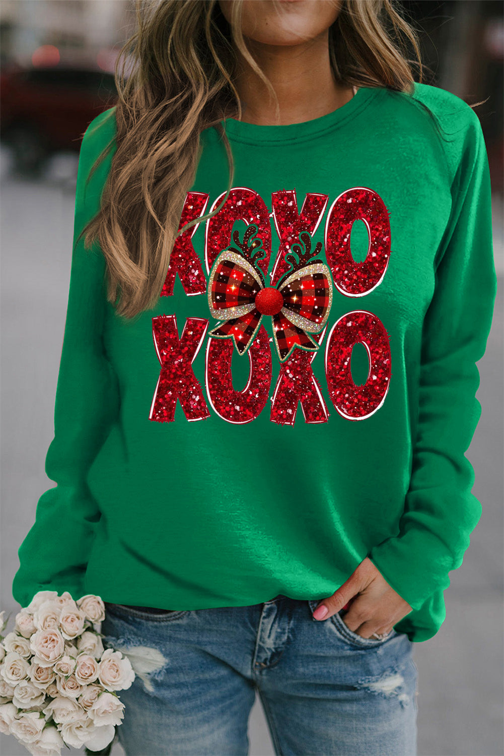 Valentine's Day XOXO Bow Patchwork Crew Neck Sweatshirt