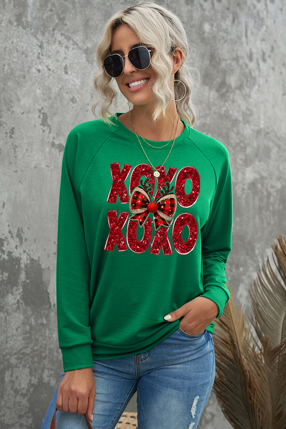 Valentine's Day XOXO Bow Patchwork Crew Neck Sweatshirt