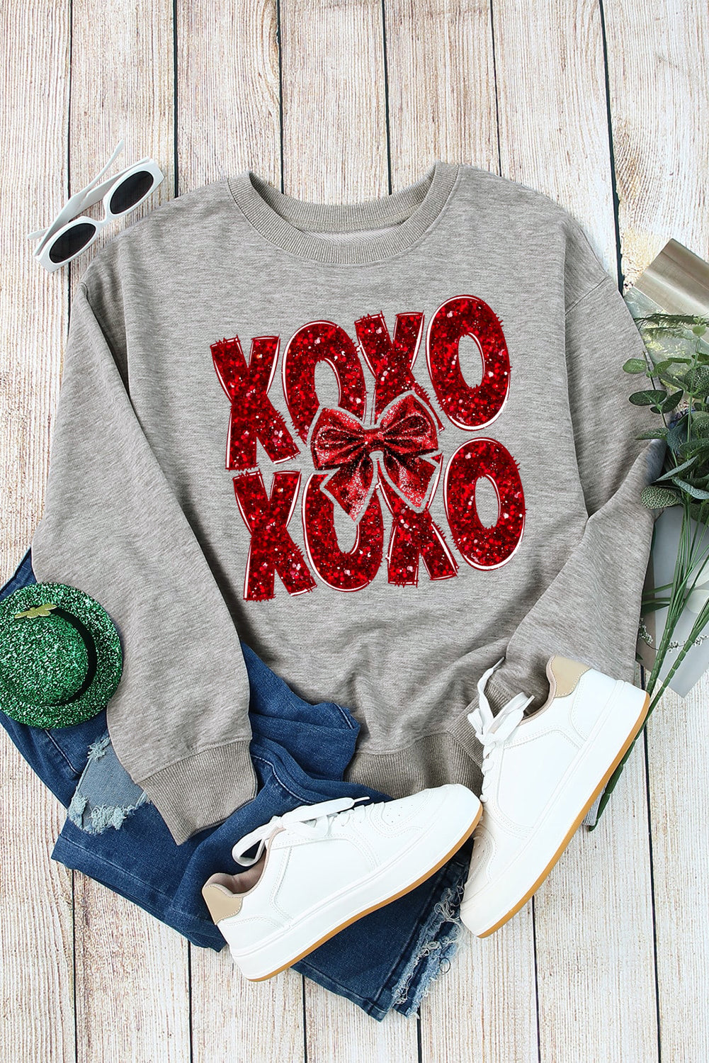 XOXO Bow Pattern Crew Neck Pullover for Valentine's Day