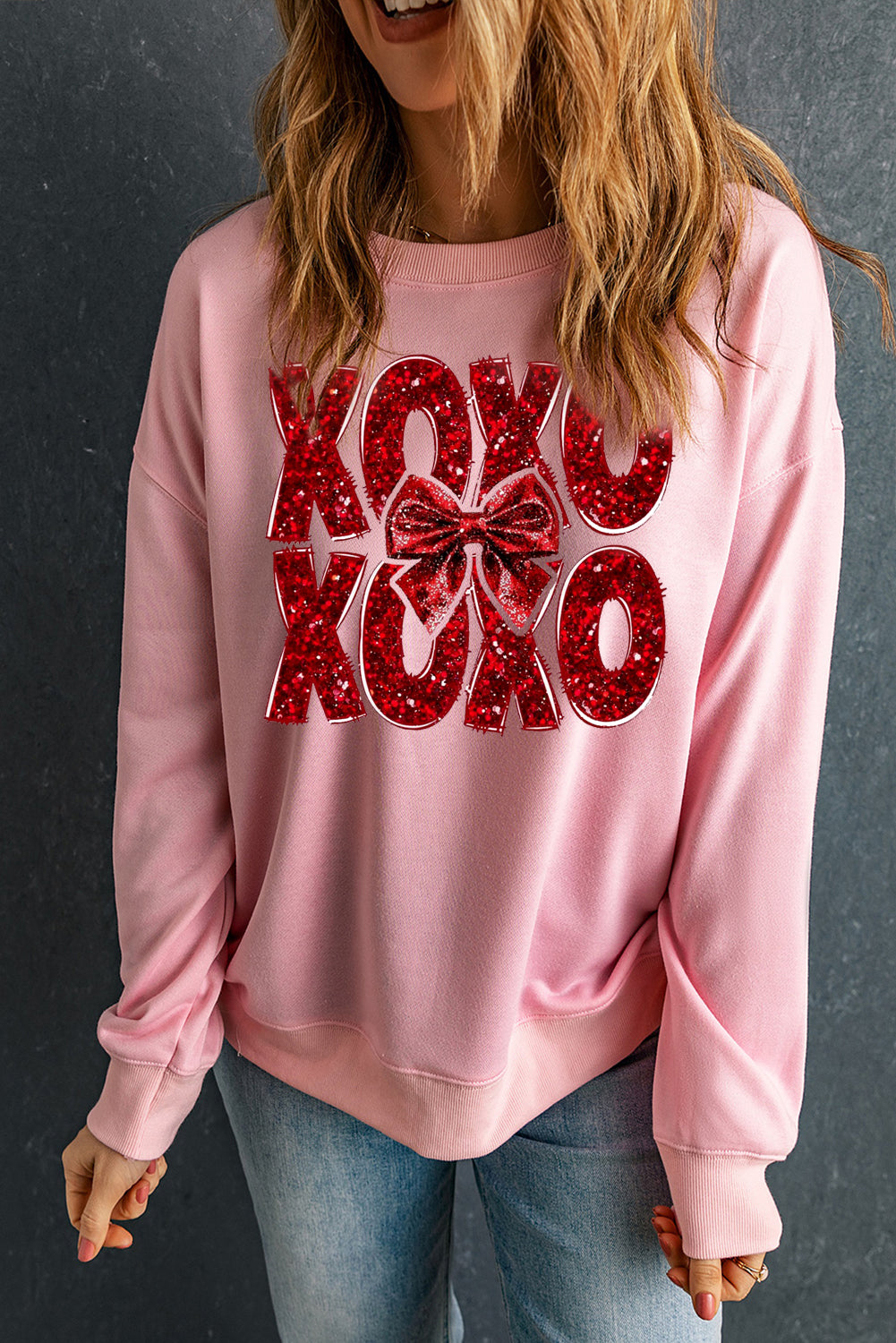 XOXO Bow Pattern Crew Neck Pullover for Valentine's Day