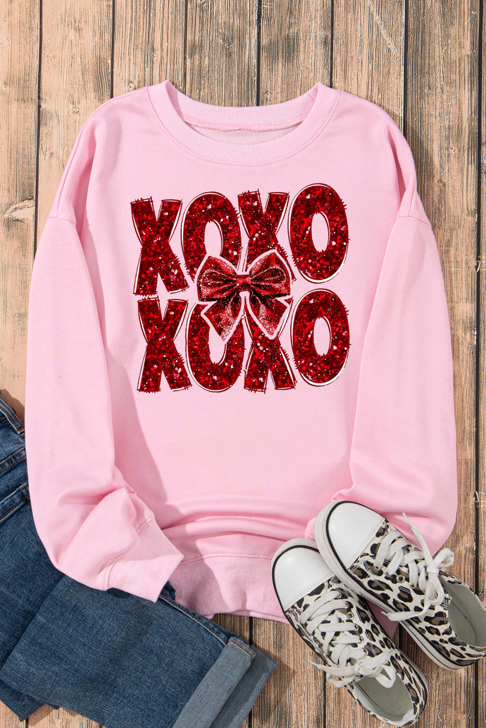 XOXO Bow Pattern Crew Neck Pullover for Valentine's Day